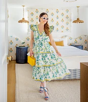 SAIL to SABLE x Style Charade Floral Print V-Neck Flutter Sleeve Midi Dress