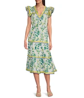 SAIL to SABLE x Style Charade Floral Print V-Neck Flutter Sleeve Midi Dress