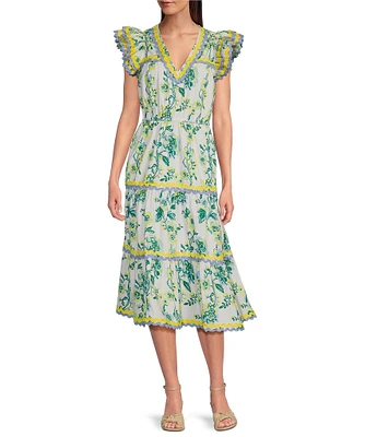 SAIL to SABLE x Style Charade Floral Print V-Neck Flutter Sleeve Midi Dress