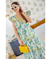 SAIL to SABLE x Style Charade Floral Print V-Neck Flutter Sleeve Midi Dress