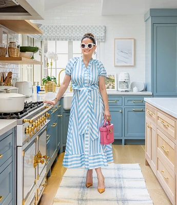 SAIL to SABLE x Style Charade Stripe Button Down Collar Short Sleeve Tie Front Dress
