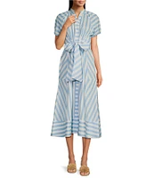 SAIL to SABLE x Style Charade Stripe Button Down Collar Short Sleeve Tie Front Dress