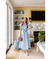 SAIL to SABLE x Style Charade Stripe Button Down Collar Short Sleeve Tie Front Dress