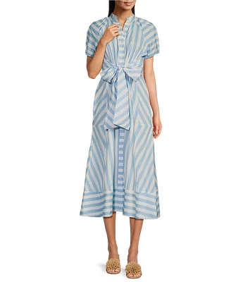 SAIL to SABLE x Style Charade Stripe Button Down Collar Short Sleeve Tie Front Dress