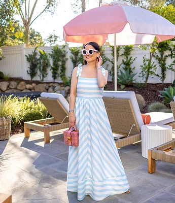 SAIL to SABLE x Style Charade Stripe Print Square Neck Tie Shoulder Sleeveless Maxi Dress