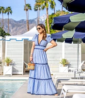 SAIL to SABLE x Style Charade Stripe Print V-Neck Short Sleeve Seersucker Maxi Dress
