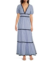 SAIL to SABLE x Style Charade Stripe Print V-Neck Short Sleeve Seersucker Maxi Dress