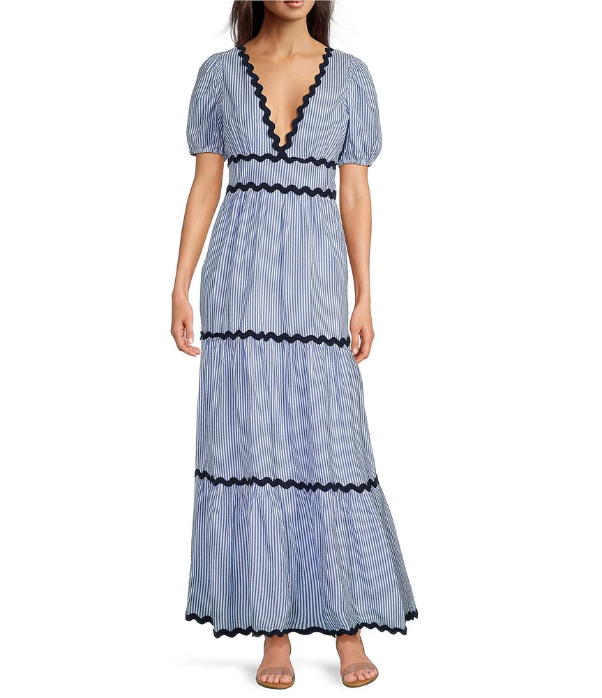 SAIL to SABLE x Style Charade Stripe Print V-Neck Short Sleeve Seersucker Maxi Dress