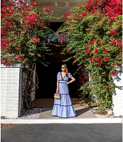 SAIL to SABLE x Style Charade Stripe Print V-Neck Short Sleeve Seersucker Maxi Dress