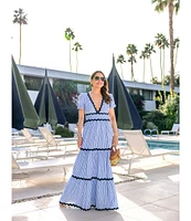 SAIL to SABLE x Style Charade Stripe Print V-Neck Short Sleeve Seersucker Maxi Dress