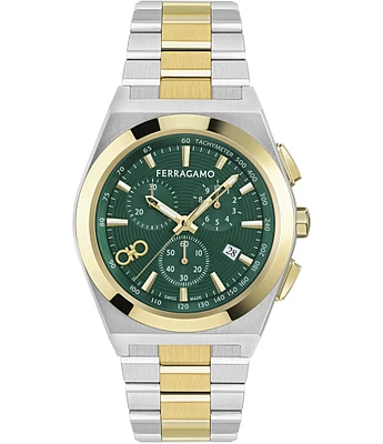 Salvatore Ferragamo Men's Vega Upper East Chronograph Two Tone Stainless Steel Green Dial Bracelet Watch