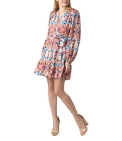 Sam Edelman Abstract Print V Neck Long Sleeve Waist Tie Belt Shirt Dress