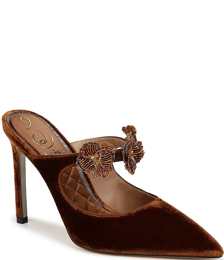 Sam Edelman Amelie Velvet Beaded Floral Strap Dress Mules