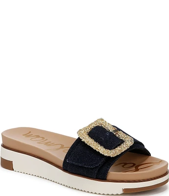 Sam Edelman Ariane Denim Embellished Buckle Platform Slide Sandals