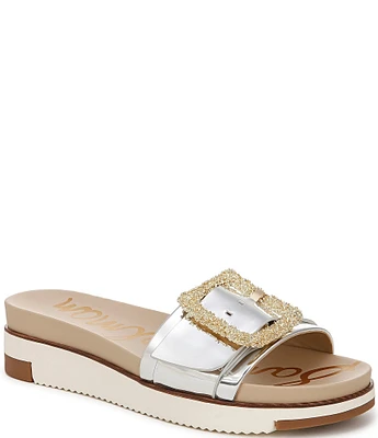 Sam Edelman Ariane Mirror Metallic Embellished Buckle Platform Slide Sandals