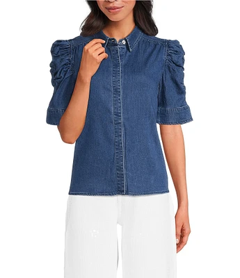 Sam Edelman Austin Stretch Denim Banded Collar Short Sleeve Top