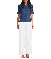 Sam Edelman Austin Stretch Denim Banded Collar Short Sleeve Top