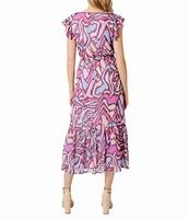 Sam Edelman Chiffon Abstract Print V-Neck Short Flutter Sleeve Wrap Midi Dress