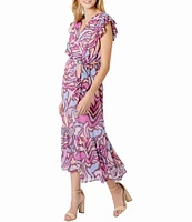Sam Edelman Chiffon Abstract Print V-Neck Short Flutter Sleeve Wrap Midi Dress