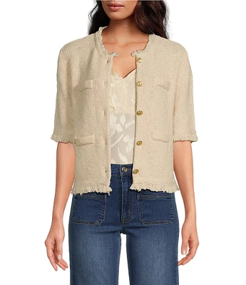 Sam Edelman Cropped Fringe Mock Neck Short Sleeve Cardigan