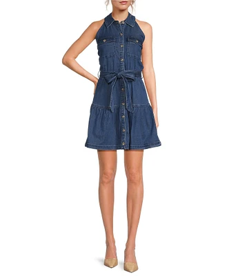 Sam Edelman Diana Denim Halter Neck Sleeveless Belted Shirt Dress