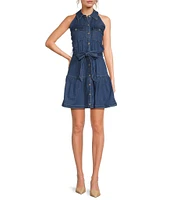 Sam Edelman Diana Denim Halter Neck Sleeveless Belted Shirt Dress