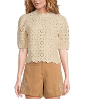 Sam Edelman Doral Crochet Scallop Neck Short Puff Sleeve Top