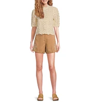 Sam Edelman Doral Crochet Scallop Neck Short Puff Sleeve Top