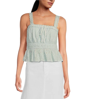 Sam Edelman Doria Lace Trim Square Neck Smocked Waist Sleeveless Ruffle Hem Tank Top