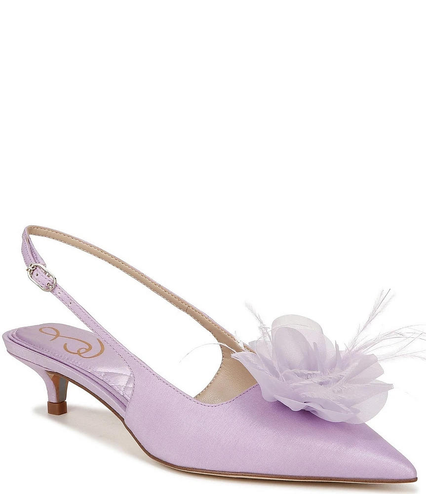 Sam Edelman Faye Satin Kitten Heel Slingback Sheer Flower and Feather Detail Pumps