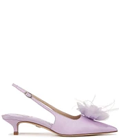 Sam Edelman Faye Satin Kitten Heel Slingback Sheer Flower and Feather Detail Pumps