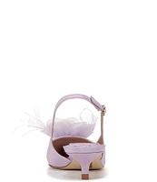 Sam Edelman Faye Satin Kitten Heel Slingback Sheer Flower and Feather Detail Pumps