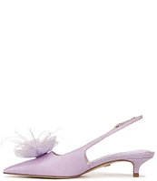 Sam Edelman Faye Satin Kitten Heel Slingback Sheer Flower and Feather Detail Pumps