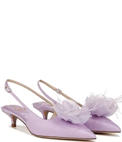 Sam Edelman Faye Satin Kitten Heel Slingback Sheer Flower and Feather Detail Pumps