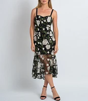 Sam Edelman Floral Embroidered Scoop Neck Sleeveless Flounce Hem Midi Dress