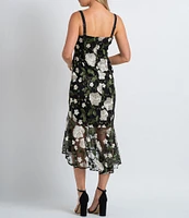 Sam Edelman Floral Embroidered Scoop Neck Sleeveless Flounce Hem Midi Dress