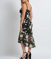 Sam Edelman Floral Embroidered Scoop Neck Sleeveless Flounce Hem Midi Dress