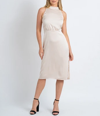 Sam Edelman Hammered Satin Mock Neck Sleeveless Tie Neck Midi Dress