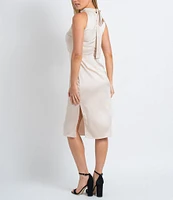 Sam Edelman Hammered Satin Mock Neck Sleeveless Tie Neck Midi Dress