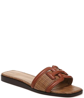 Sam Edelman Irina Leather and Basket Weave Double E Square Toe Flat Slide Sandals