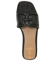 Sam Edelman Irina Leather and Lizard Embossed Double E Square Toe Flat Slide Sandals