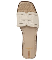 Sam Edelman Irina Leather and Lizard Embossed Double E Square Toe Flat Slide Sandals