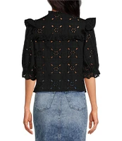 Sam Edelman Kailani Eyelet Crew Neckline Puff Elbow Sleeve Blouse