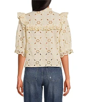 Sam Edelman Kailani Eyelet Crew Neckline Puff Elbow Sleeve Blouse