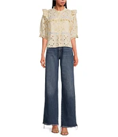 Sam Edelman Kailani Eyelet Crew Neckline Puff Elbow Sleeve Blouse