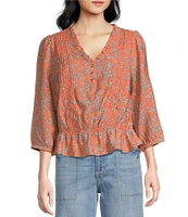 Sam Edelman Kit Pintuck Ruffled V-Neck 3/4 Sleeve Top
