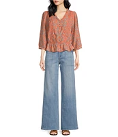 Sam Edelman Kit Pintuck Ruffled V-Neck 3/4 Sleeve Top