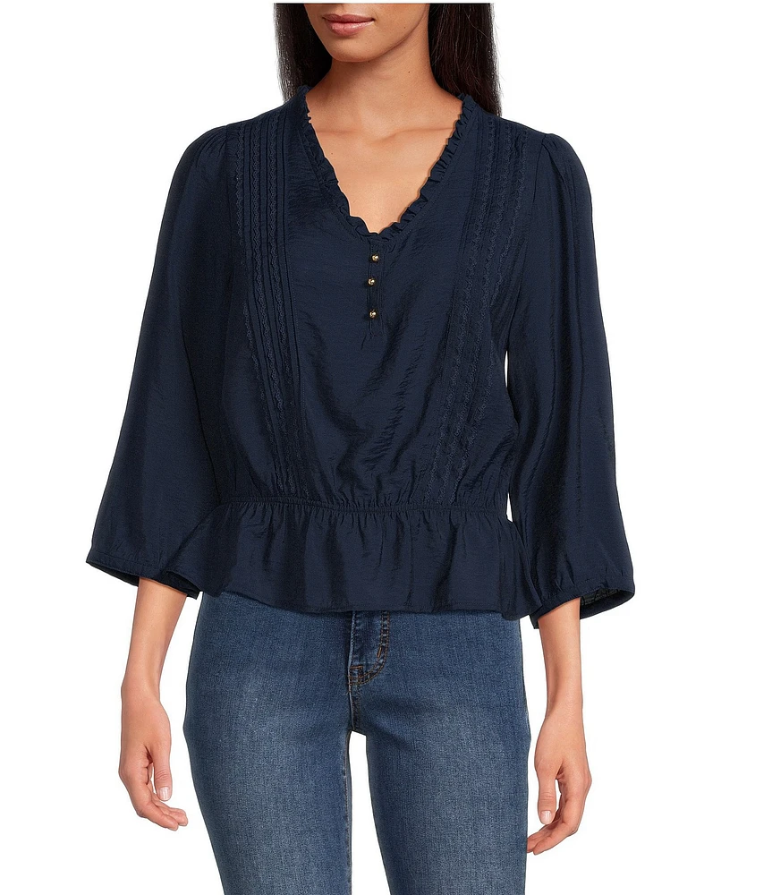 Sam Edelman Kit Pintuck Ruffled V-Neck 3/4 Sleeve Top
