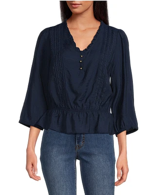 Sam Edelman Kit Pintuck Ruffled V-Neck 3/4 Sleeve Top