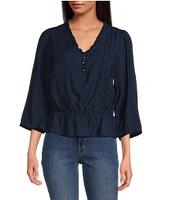 Sam Edelman Kit Pintuck Ruffled V-Neck 3/4 Sleeve Top